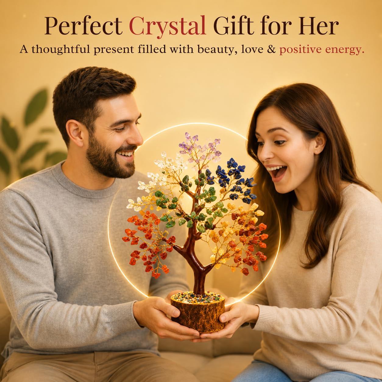 7 Chakra Crystal Tree 300 Stones - Feng Shui Gemstone Money Tree with Healing Crystals Base for Good Luck, Wealth & Prosperity - Reiki Spiritual Meditation Decor, Yoga Gifts & Home Office Decoration