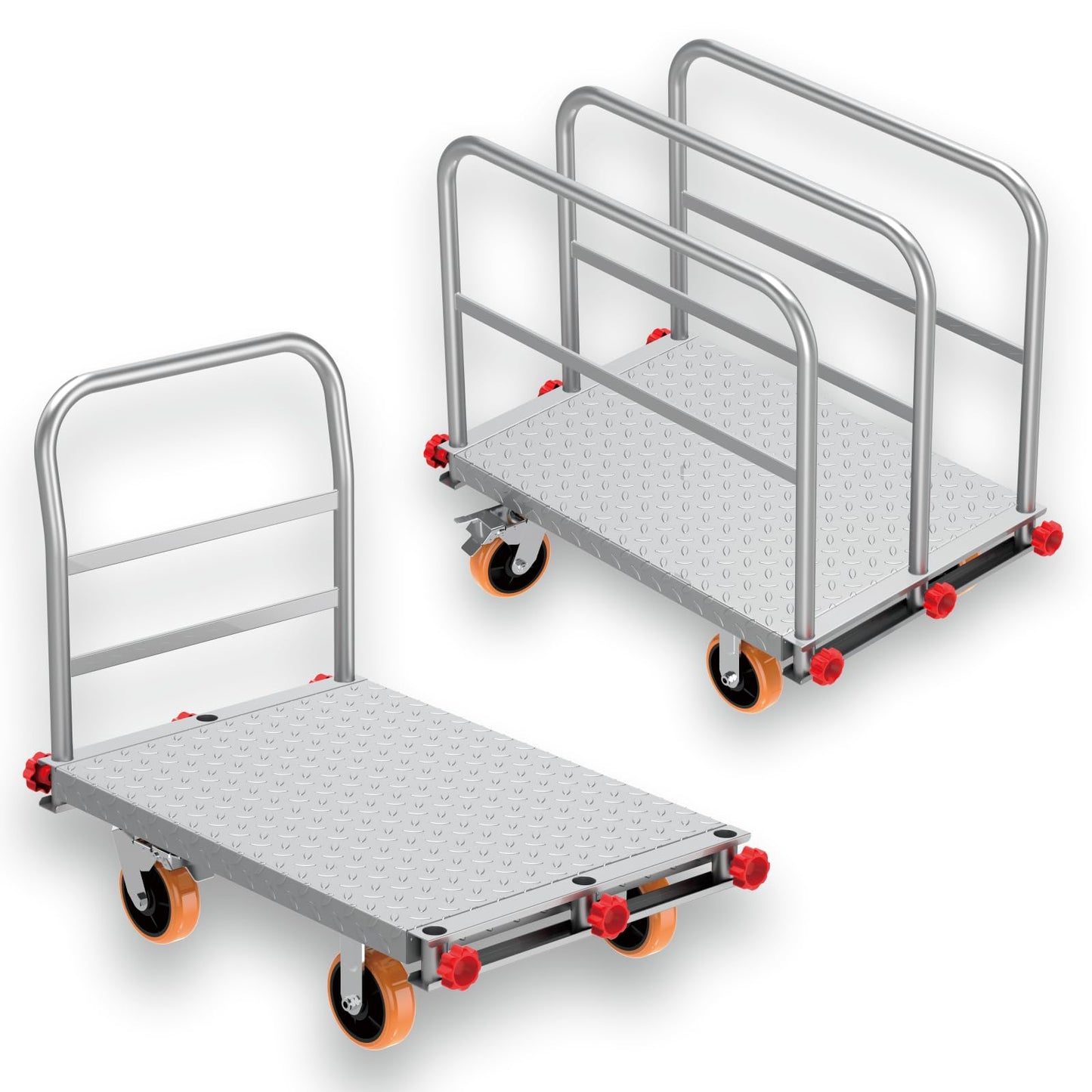 2-in-1 Steel Panel Cart with 2500 lbs Capacity Lumber Drywall Dolly Cart, 6" Swivel Brake Wheels Heavy Duty Table Truck Flatbed Cart with 1Front and 3Side Handrails 40 X 24inch 2mm
