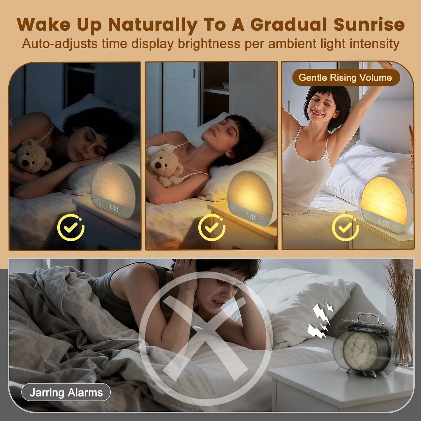 JONRRYIN Sunrise Alarm Clock Tap Snooze, 37 Sounds White Noise Machine Gentle Wake Up Light with Bluetooth, Remote, USB Charging & 15 Color Night Lamp, Sunlight Alarm for Heavy Sleeper Bedroom Gift