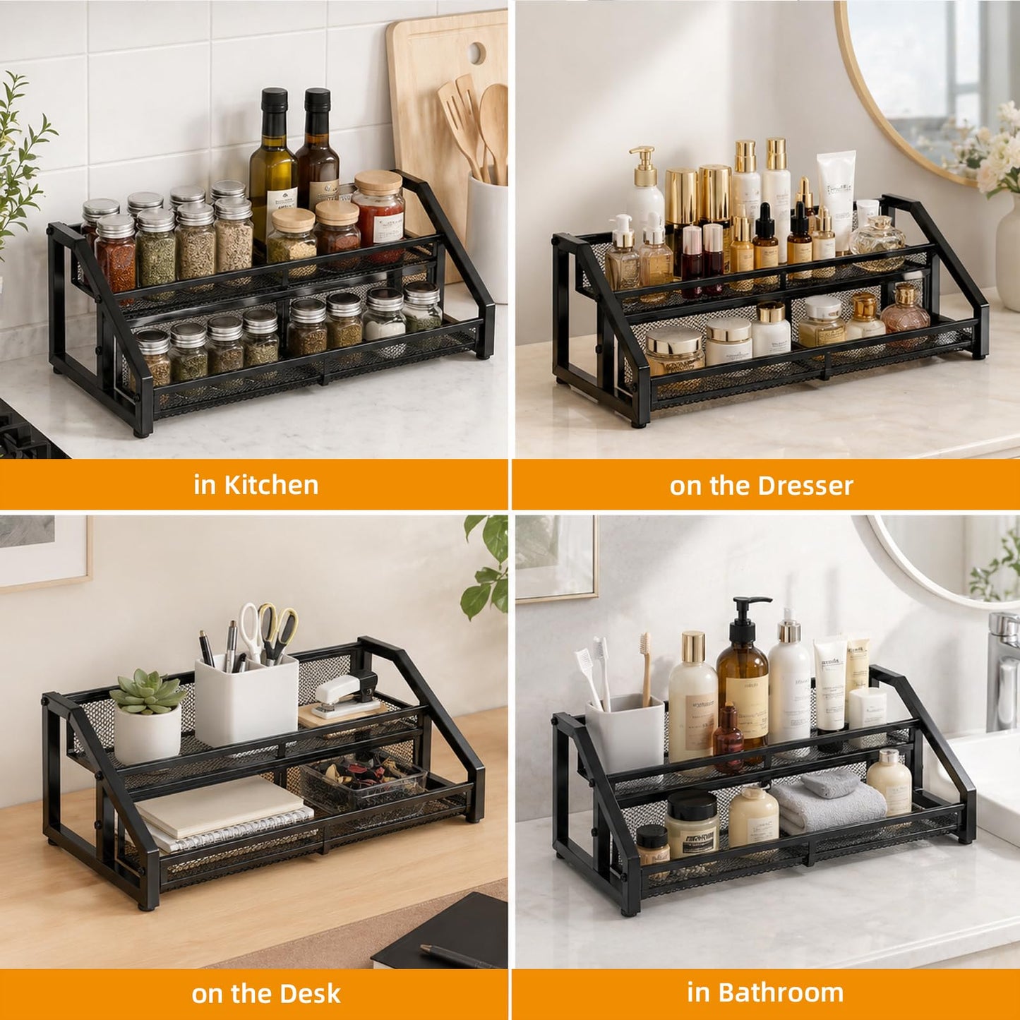 Lesmery 2 Tier Expandable Spice Rack Organizer for Kitchen Cabinet,13.7"-23.6" Heavy Duty Spice Organization Shelf,Metal Pantry Storage Shelves Racks,Good Space for Pantry, Counter top,Patent Pending