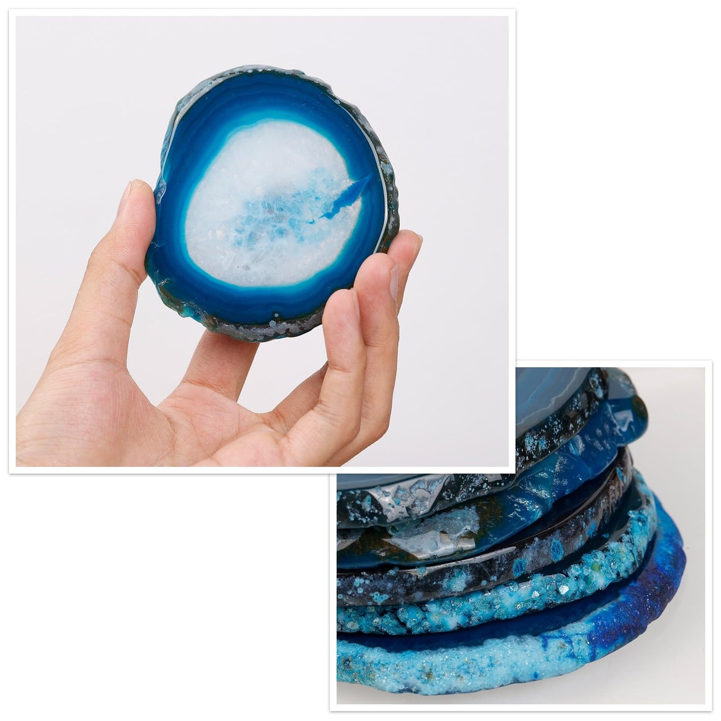 dssmboom Set of 2 Polished Agate Slice Coasters Geode Slab Place Cards for Wedding, Irregular Agate Stone Slab Decoration for Home Office, Blue