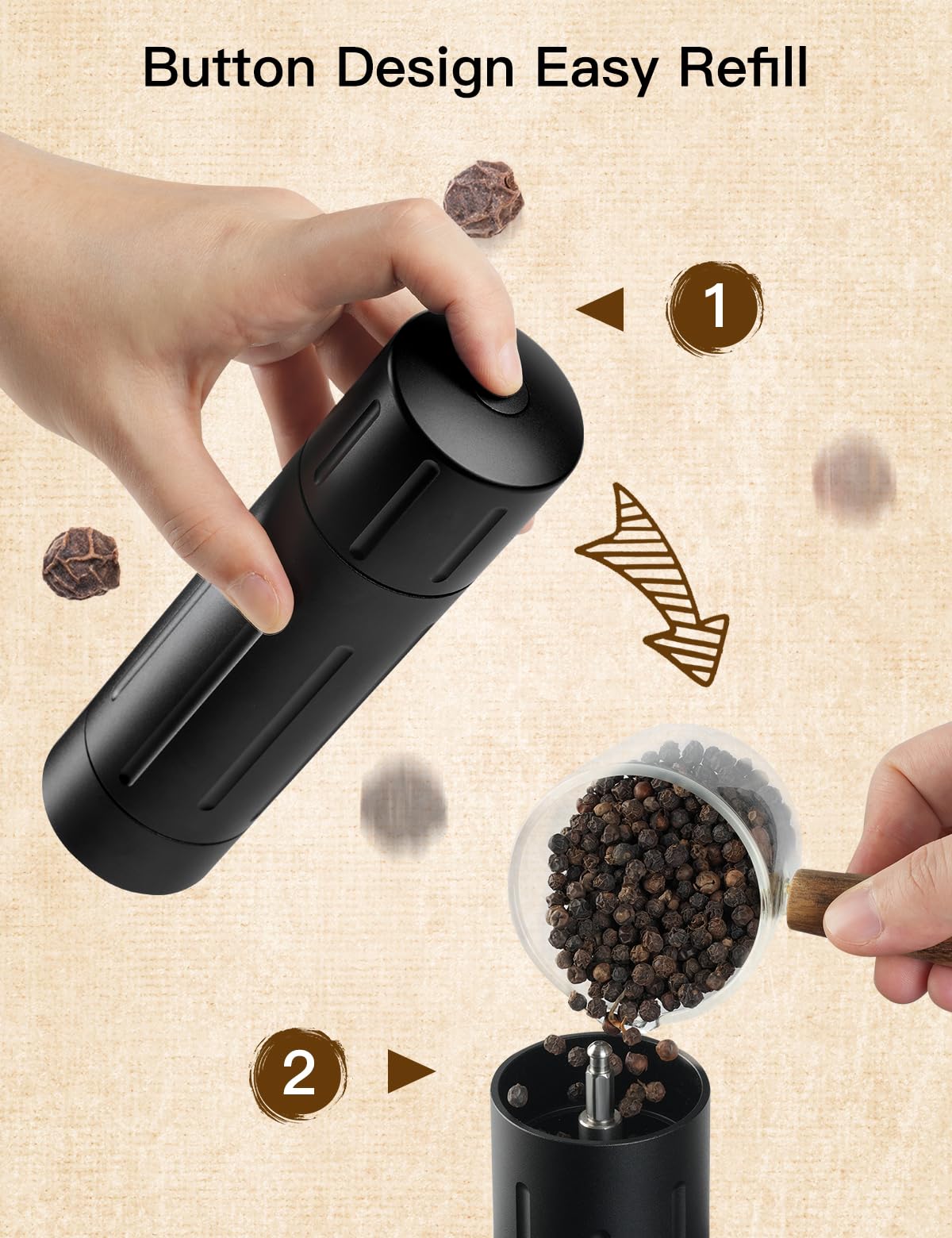 POPWOODS Pepper Grinder Mill, Professional Grade Aluminum Manual Pepper Mill, Refillable High Output Heavy Duty Pepper Grinder with Adjustable Coarseness, Stainless Steel Blade, Lock Button Design
