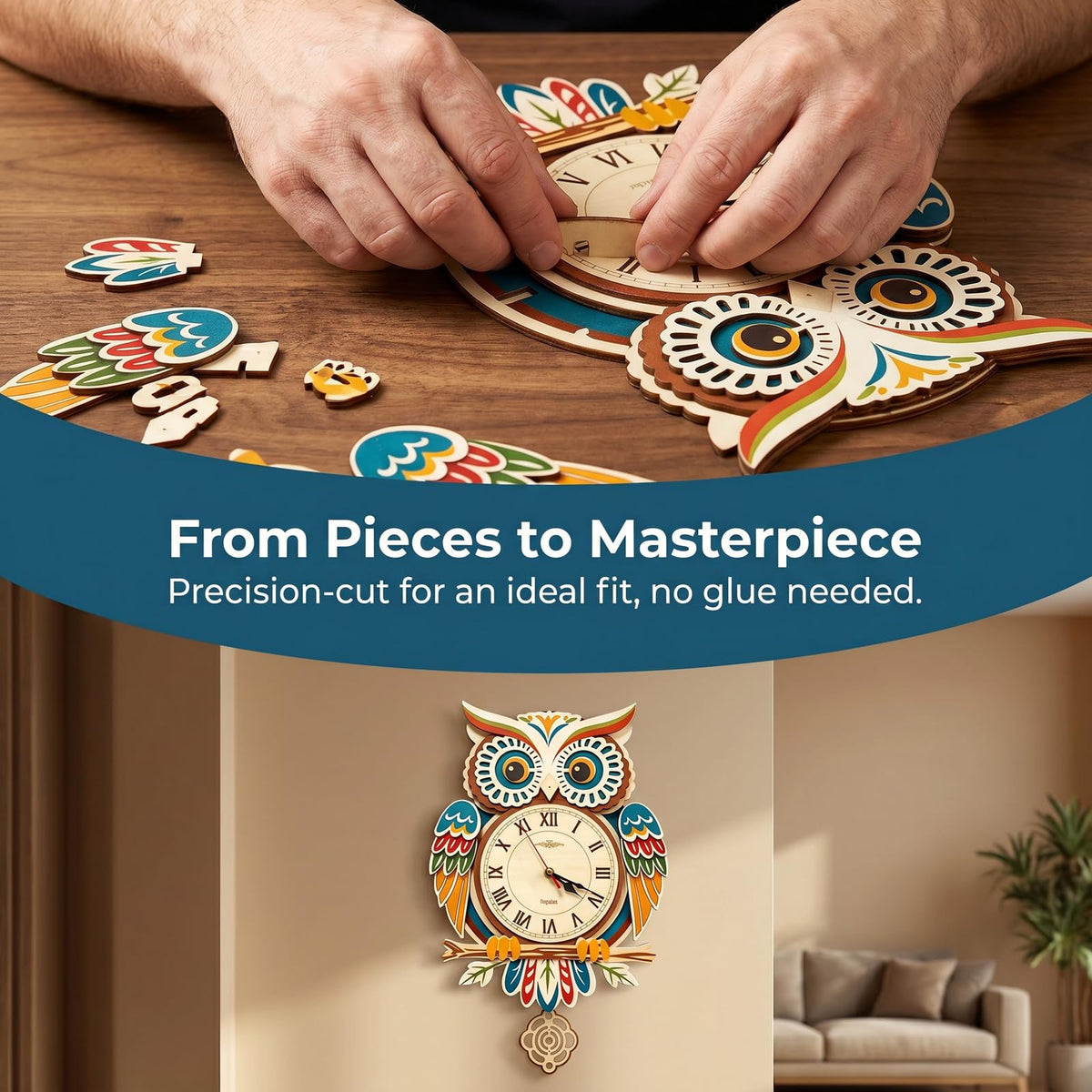Wooden Owl Clock Puzzle—A 3D DIY Assembly kit for a Decorative wall Clock, Featuring Autumn Leaves and Bird Motifs, Perfect for Rustic Farmhouse-Style Decor in Kitchens and Living Rooms