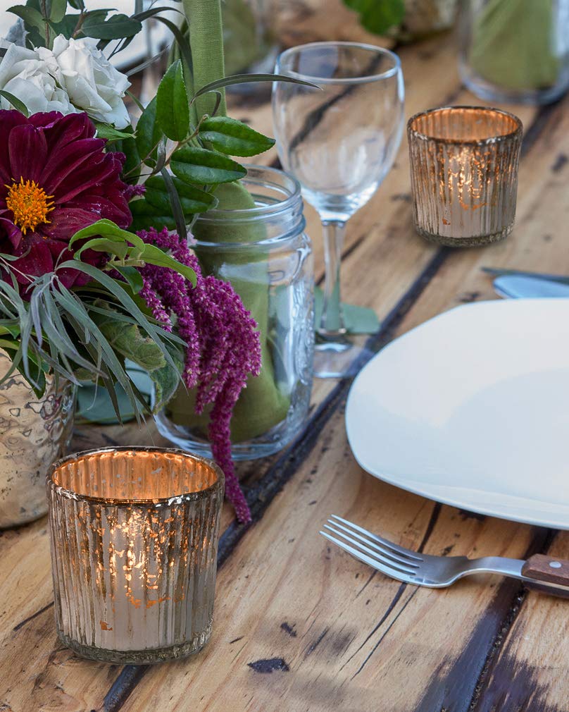 Serene Spaces Living Small Silver Ribbed Votive Candle Holders, Mercury Glass Finish, Ideal for Weddings, Events, 2.5" Tall & 2.5" Diameter, Pack of 6