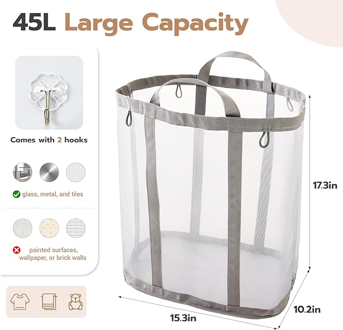 Mesh Laundry bag with Handles, 42L Collapsible Laundry Basket with 2 Hooks