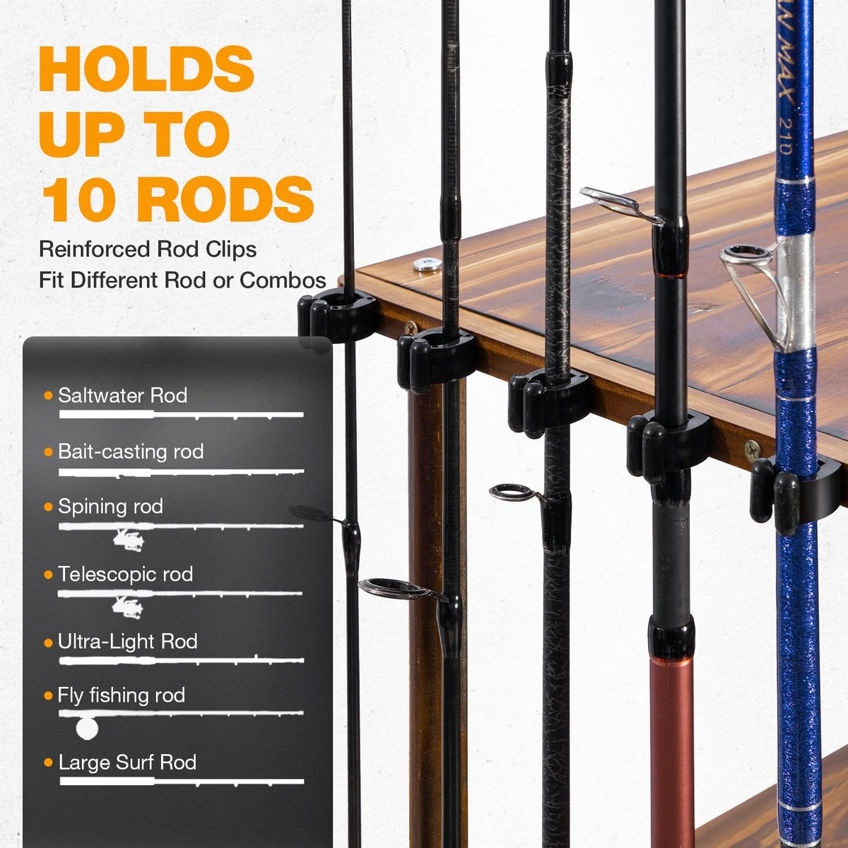 Ghosthorn Fishing Rod Holders Fishing Pole Rack for Garage Hold up to 10 Rods Wooden Fishing Pole Holders Organizer Fishing Rod Rack Fishing Gear Storage Equipment(Carbonization，4 Tier)