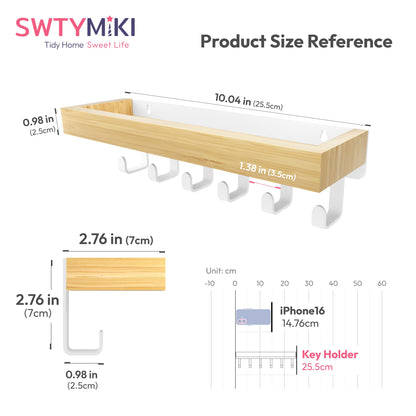 SWTYMIKI Key Holder Wall Mount-Wooden Key Hooks for Wall with Mail Organizer & 6Hooks, 2Installation Ways Key Hanger, Key Rack with Shelf for Entryway Living Room Bedroom Home Decor Wood White Hook