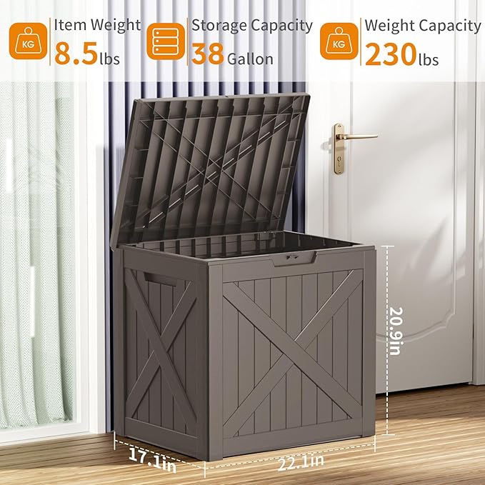 ROJIK Outdoor Storage Housing Deck Box - Waterproof Patio Furniture, Garden Tools, Cushions, Pool Accessories Storage Bench with Lockable Lid and Side Handles (Grey 38 Gal)