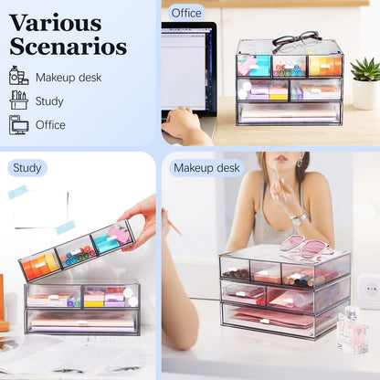 3 Tier Stackable Desk Organizer with 6 Drawers, YOCOMEY Plastic Desktop Storage Box Drawers, Detachable Makeup Storage Office Stationery Supplies Organizer for Office School (All Clear)