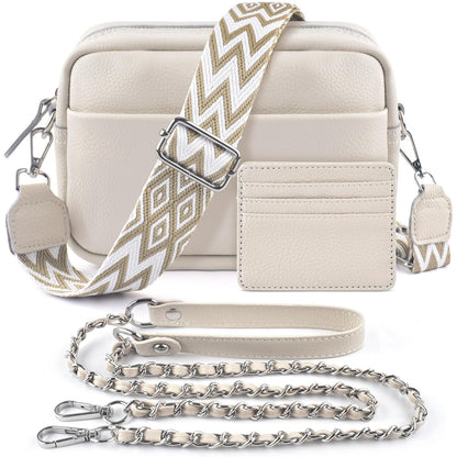 BROTOU Crossbody Bag for Women, Leather Handbag & Shoulder Bag with Adjustable Wide Strap, Chain Strap & 3-Slot Card Holder, Camera Cross Body Bag for Lady Girl Shopping Daily Use (A-Beige)