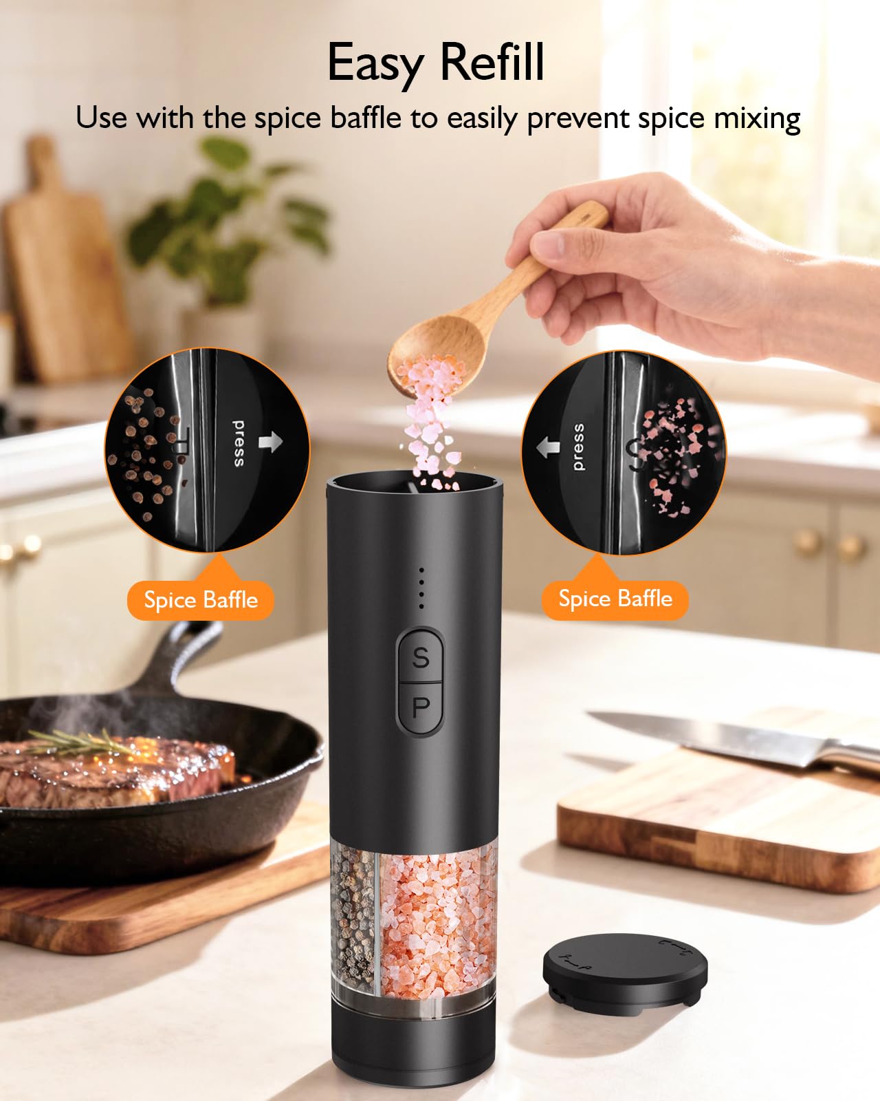 Electric Salt and Pepper Grinder Set, 2 in 1 Dual Bins USB Rechargeable Refillable Automatic Salt and Pepper Mill Shaker with LED Light, Dual Ceramic Grinder Adjustable Coarseness, kitchen gift, Black