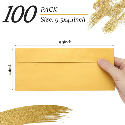 100 Pack Gold Metallic #10 Business Envelopes 4-1/8 x 9-1/2 in Square Flap Mailing Envelopes for Office, Business Letterhead, Invoices, Personal Mailing, Letters, Unique Invitations & Announcements