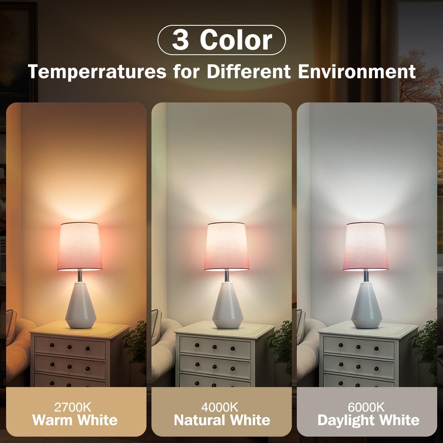 bdayanx Small Bedside Table Lamp for Bedroom-Reading Desk Lamp Set of 2,with 3 Color Temperatures,15.5" Nightstand Ceramic Lamp with Fabric Shade for Kids Room,Living Room,Dorm,Home Office