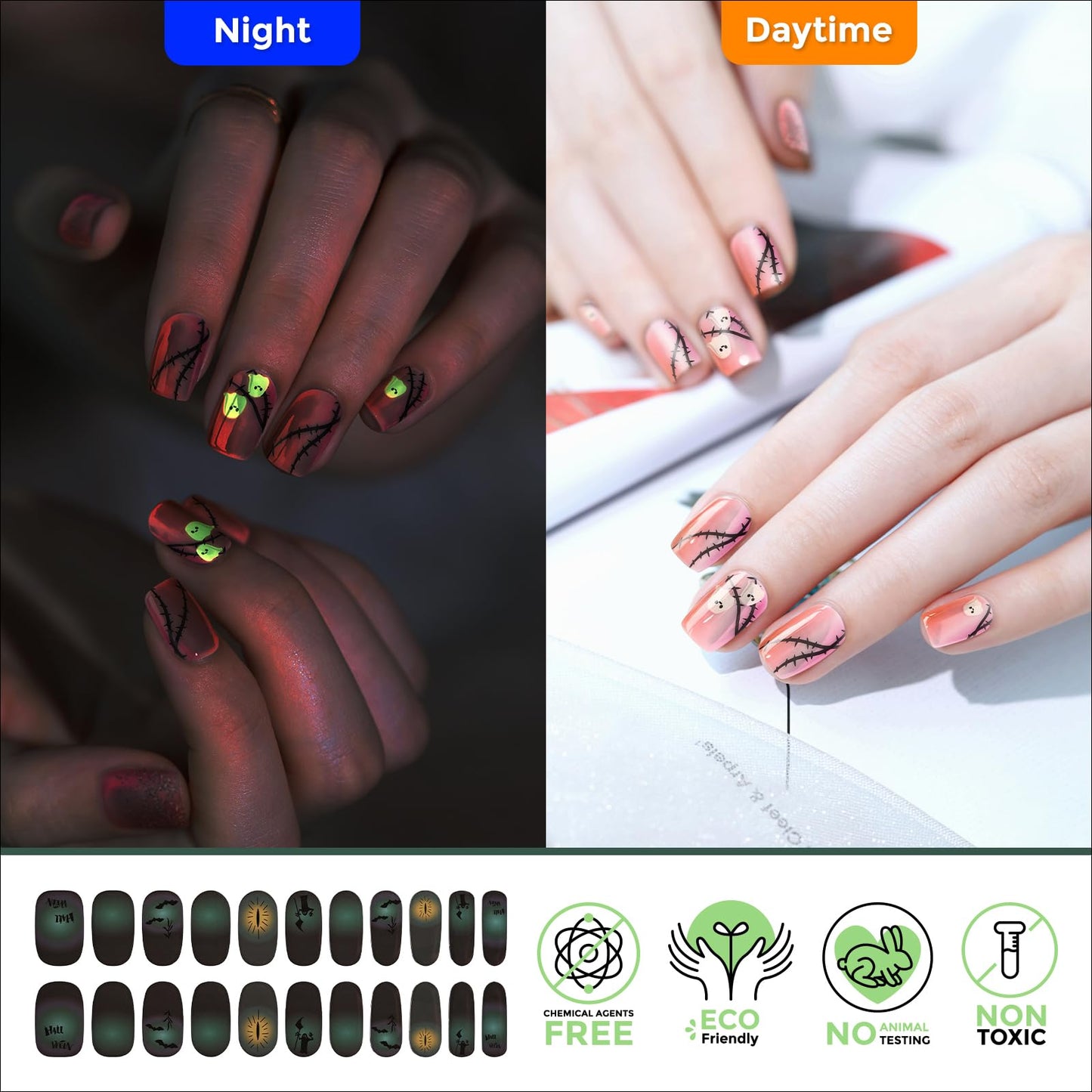MOOYIYAN Gloss Nail Strips|Uv Free|22 Pcs,Gel Nail Stickers|Long Lasting Two Weeks and Easy to Apply&Remove|Light Halloween