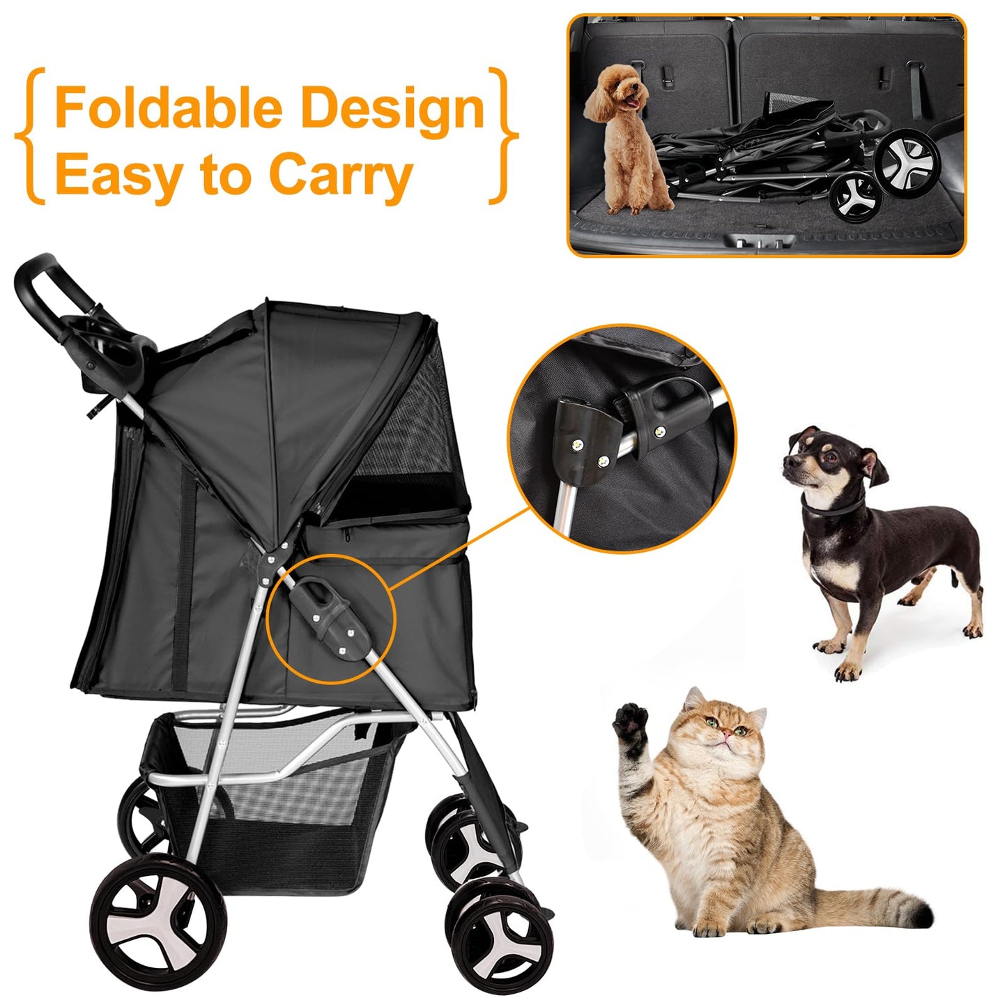 Display4top Pet Travel Stroller Dog Cat Pushchair Pram Jogger Buggy with 4 Wheels (Black)
