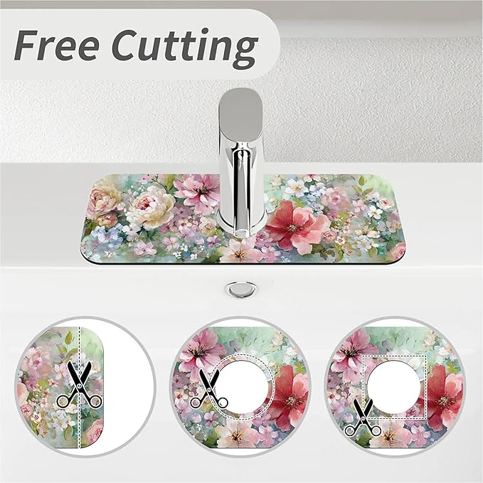 Kitchen Sink Splash Guard，soft-watercolor floral Faucet Mat Sink Gadgets-Super