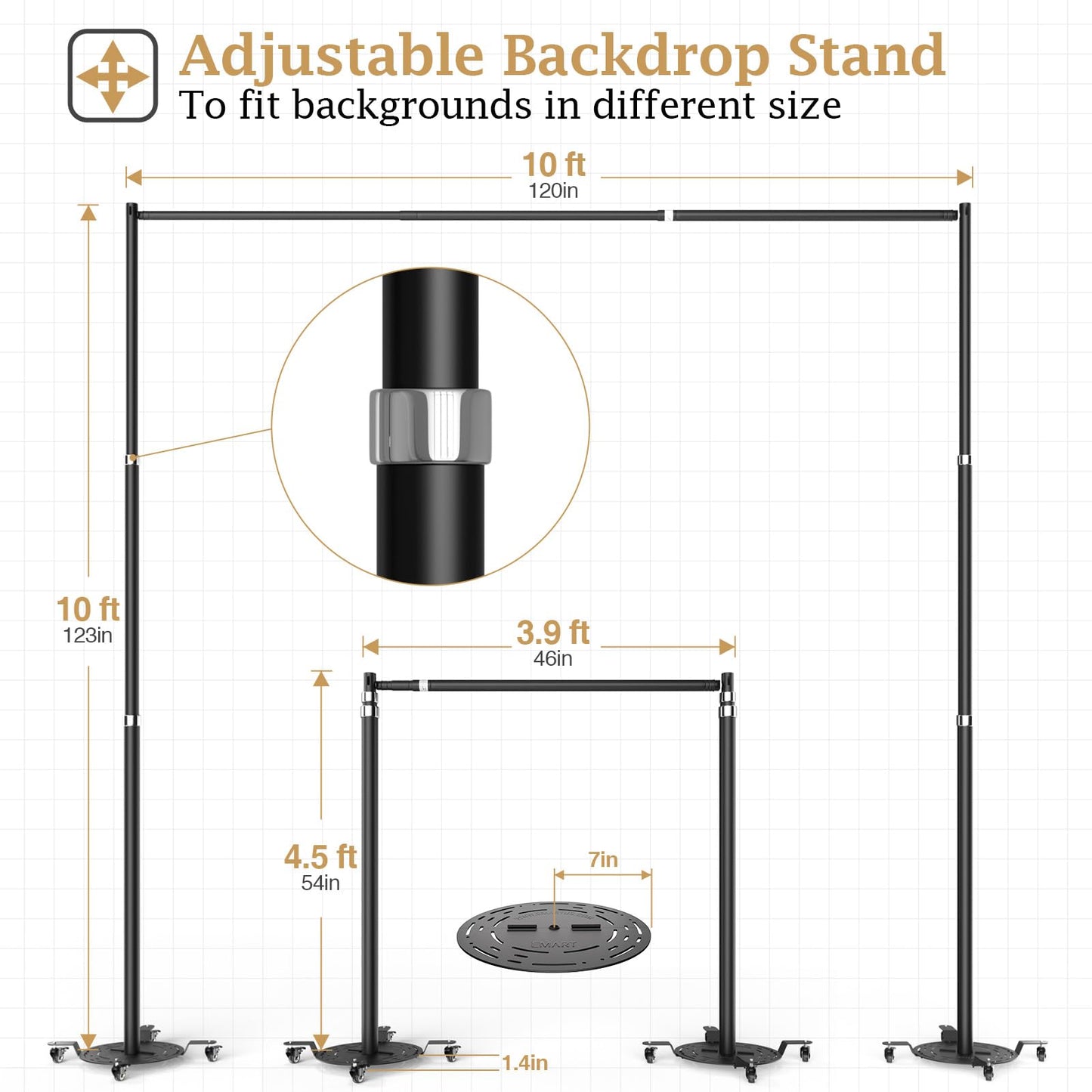 EMART Pipe and Drape Backdrop Stand Kit, Heavy Duty Adjustable Photo Background 10ftx10ft with Wheels, Metal Frame with Flat Base for Photography Wedding Birthday Party Decorations-Black
