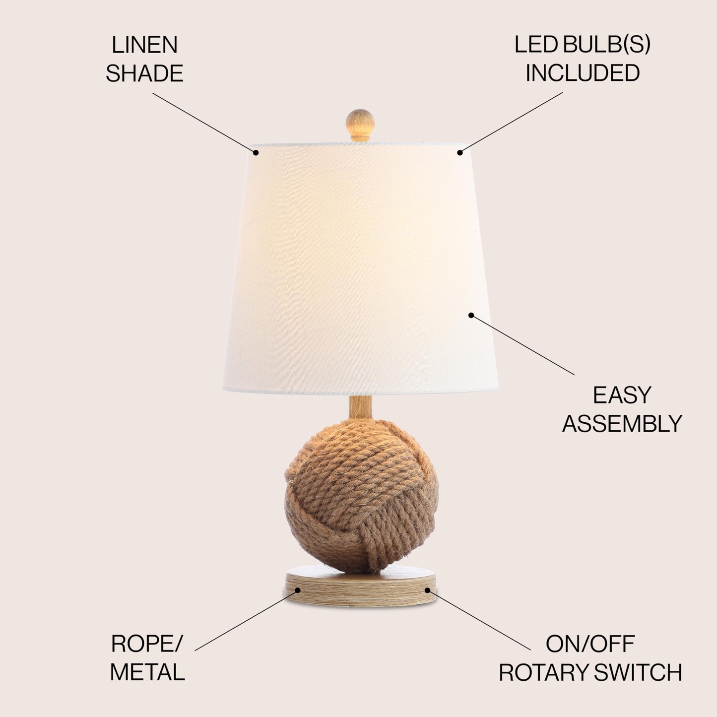 JONATHAN Y 18" Natural Monkey Fist Rope Ball LED Table Lamp, Coastal Nautical Iron and Rope Accent Lamp for Living Room Bedroom, White Linen Shade, LED Bulb Included JYL6500A