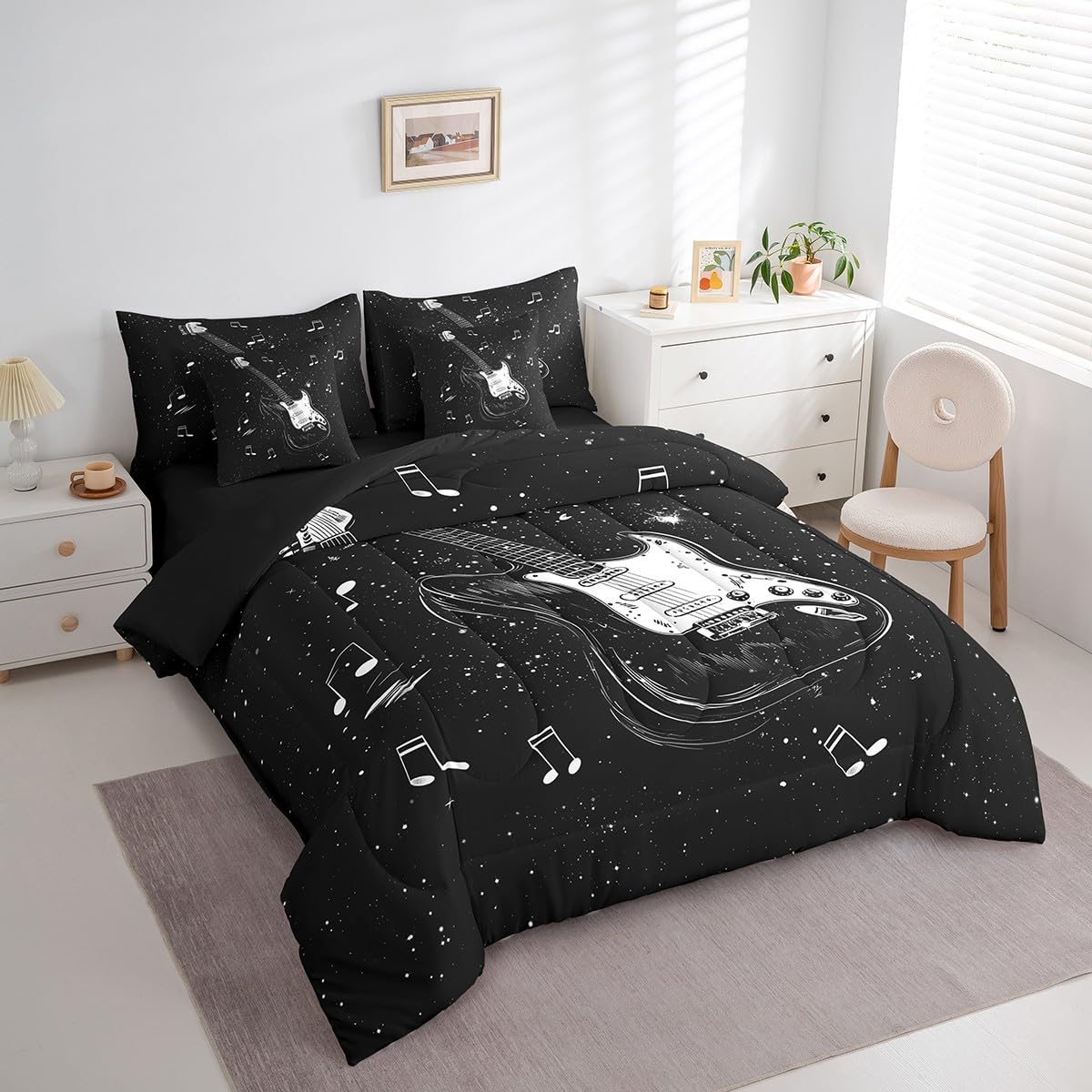 Feelyou Music 7 Pieces Bedding Set Queen Size Guitar Comforter Set with Sheets for Kids Boys Girls Guitar Instruments Bed in a Bag Rock Music Bed Set