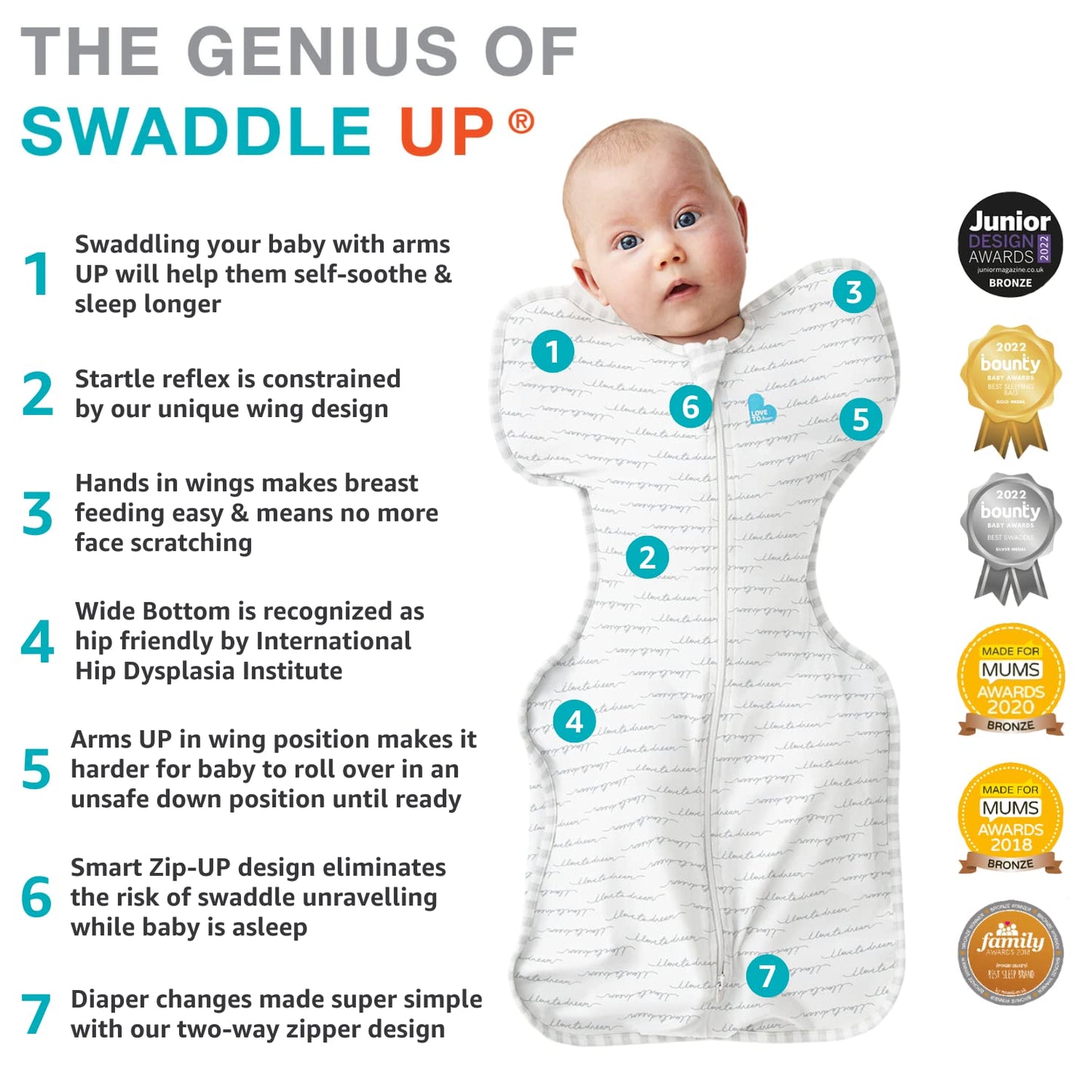 Love To Dream Swaddle Up, Small 3.5-6 kg, White Dreamer, Snug Fit Supports Good Sleep, 2.5 Tog Suitable for Cooler (16-20°C) Temperature, Machine Washable & Double Zip for Easy Nappy Change