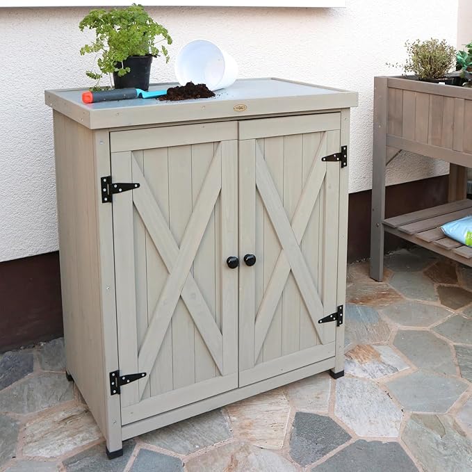 HABAU Outdoor Storage Cabinets Weatherproof for Patio, Garden Work Bench with Shelves & Metal Tabletop, Wooden Potting Table Workstation