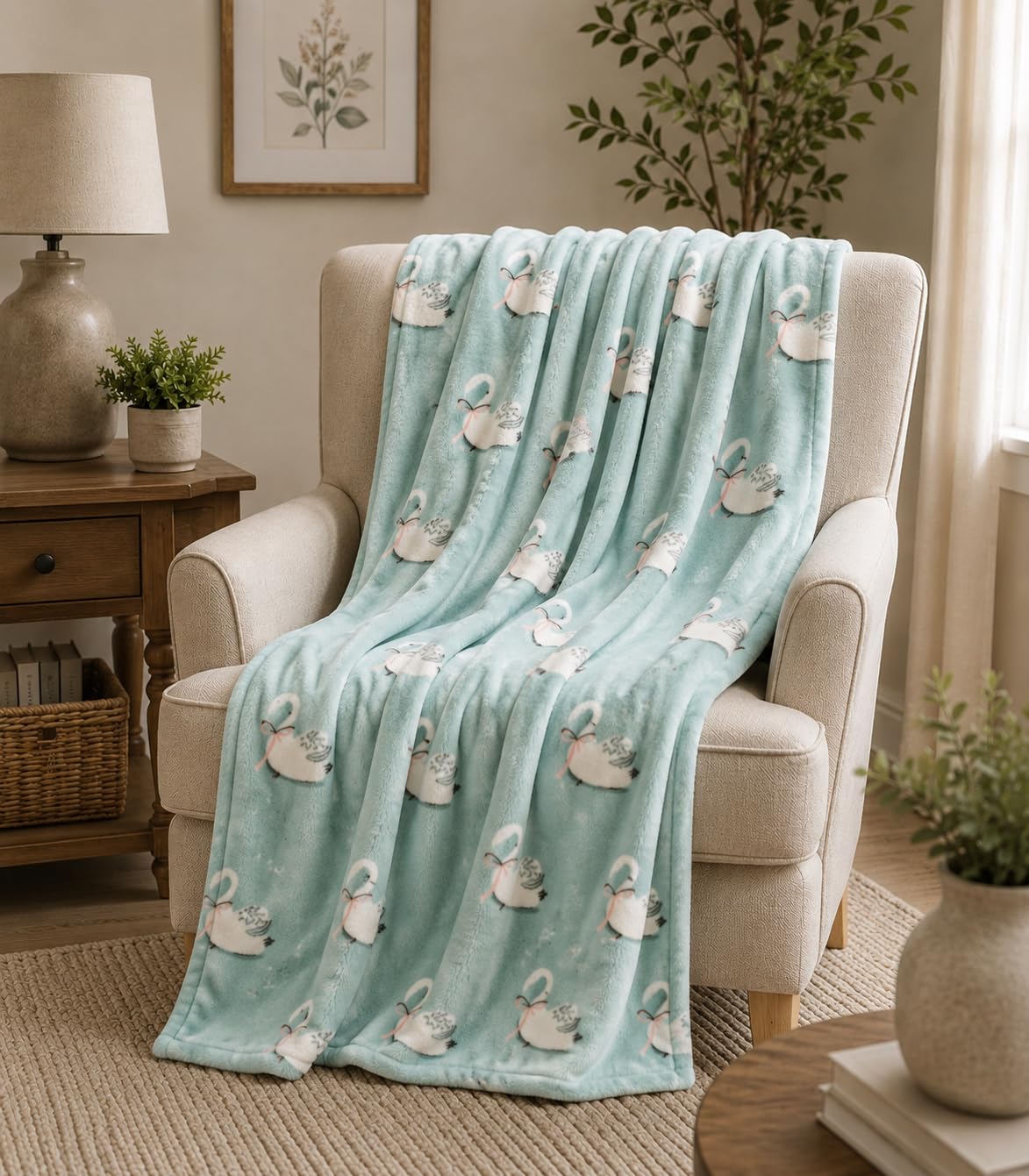 Serafina Home Fleece Throw Blanket: Soft Cozy Velvet Swans on a Lake Design, for Couch Bed and Home Decor, 50x60