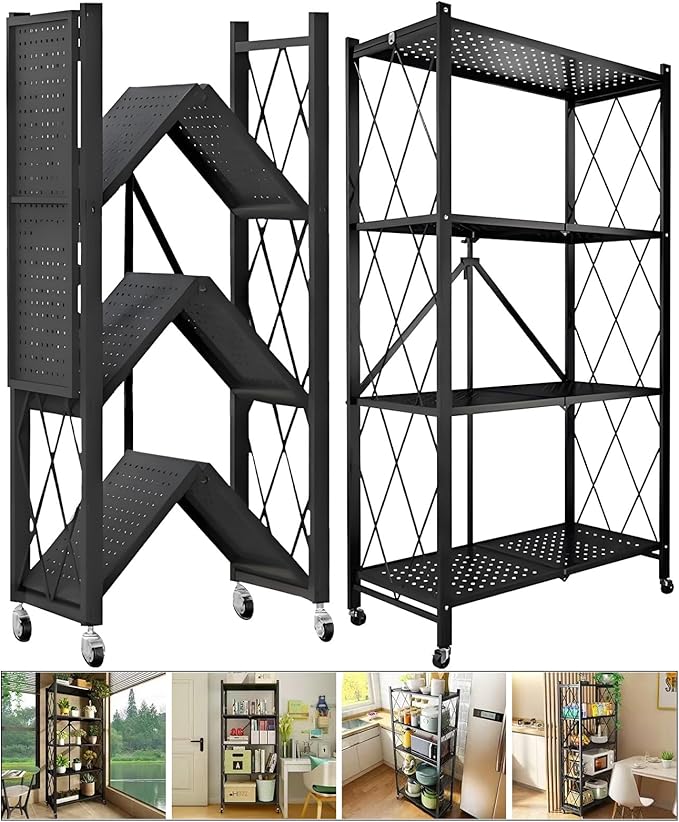 Kitchen Garage Metal Shelves, Storage Shelves Organizer, Foldable Metal Shelving, Closet Shelving Unit, 28" W x 14" D x 50" H Bakers Rack Microwave Stand, Plant Stand with Wheels (4-Tier Shelf)