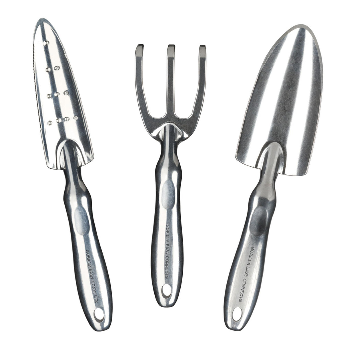 Gorilla Easy Connect Heavy Duty Garden Tools with Digging Trowel, Transplant Trowel and Cultivator Hand Rake Solid One Piece Cast Aluminum Construction