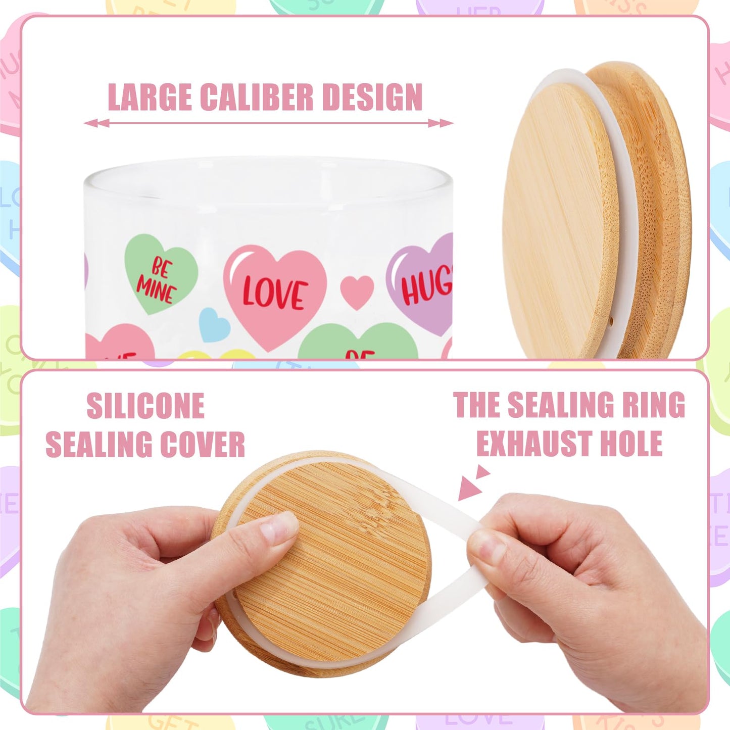 JarThenaAMCS 3Pcs Valentine Glass Storage Jars With Airtight Lid Pastel Conversation Heart Decorative Canisters Sets For Home Kitchen Countertop