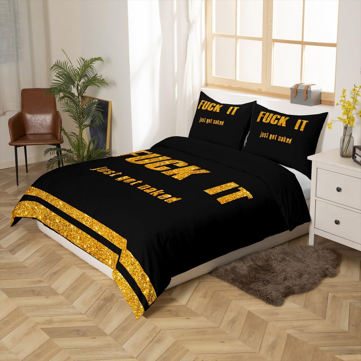 Feelyou Funny Quotes Bedding Set Get Naked Duvet Cover for Men Women Couple Lover Golden Glitter Sequins Comforter Cover Black and Gold Bed Set Bedroom Decor Quilt 3Pcs King Size (No Comforter)