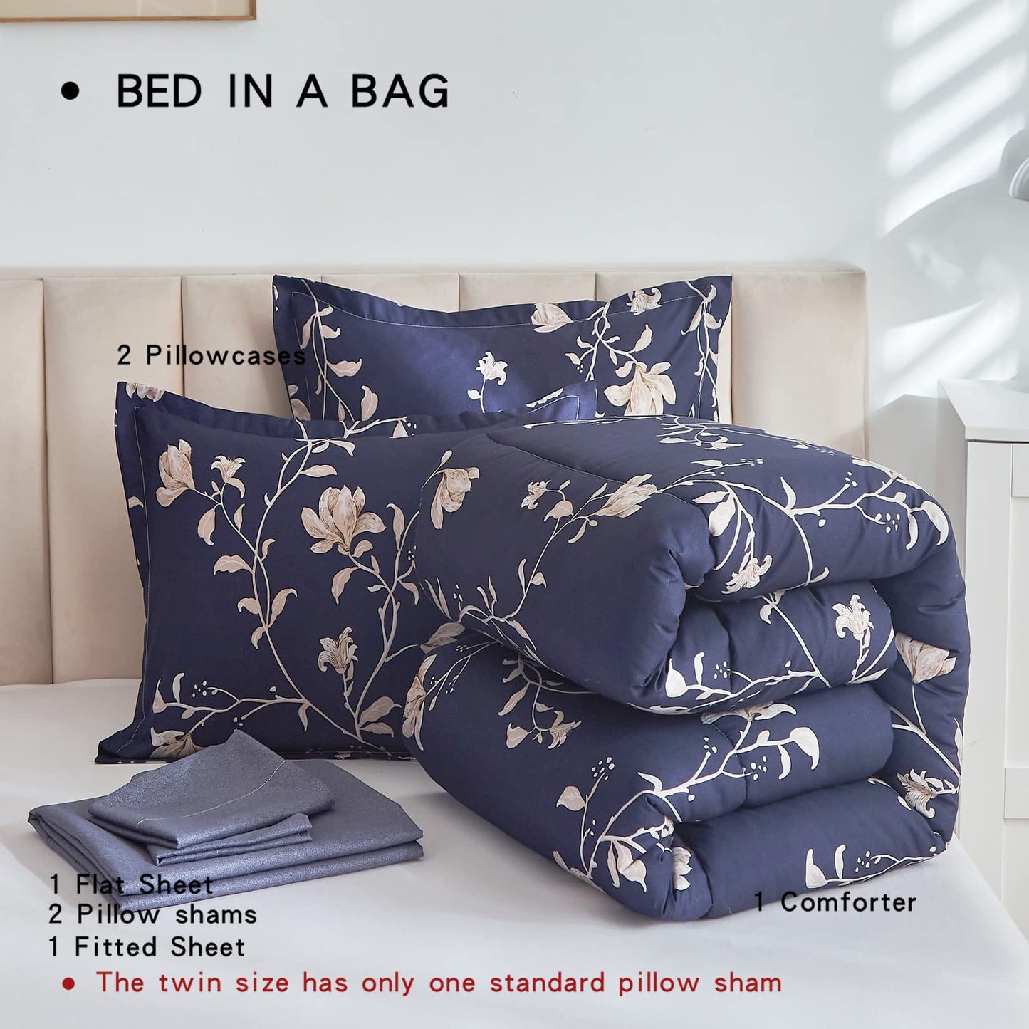 AIKASY Bed in a Bag Queen Comforter Set，7 Pieces Floral Comforter Set Bedding Sets with (1 Comforter, 2 Pillow Shams, 1 Flat Sheet, 1 Fitted Sheet, 2 Pillowcases) (Navy, Queen)