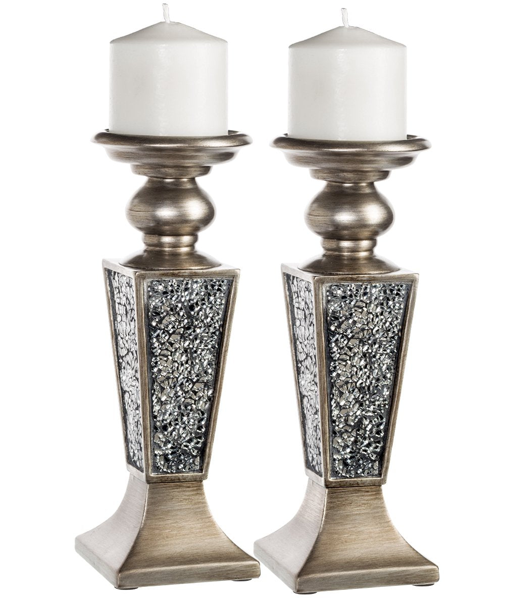 Creative Scents Schonwerk Silver Pillar Candle Holder Set of 2 - Crackled Mosaic Design - Centerpiece Table Decoration - Coffee Table Decor - Decoration Centerpiece for Living/Dining Room - Best Gift