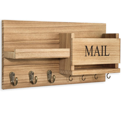 Lwenki Mail Organizer for Wall Mount – Key Holder with Shelf Includes Letter Holder and Hooks for Hallway Farmhouse Decor – Rustic Wood with Flush Mounting Hardware (16.5” x 9.1” x 3.4”) (Wood)