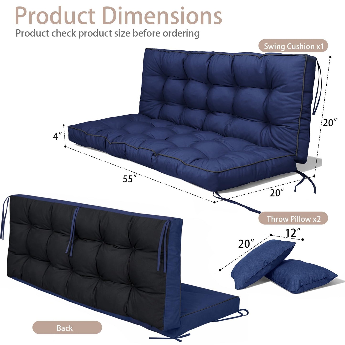 Kerkrot Porch Swing Cushions, Waterproof & Fade Resistant Outdoor Swing Cushion 55 Inch, Swing Cushions 3 Seater Replacement for Outdoor Furniture, Patio, Garden (Navy, 55 x 40 inch)