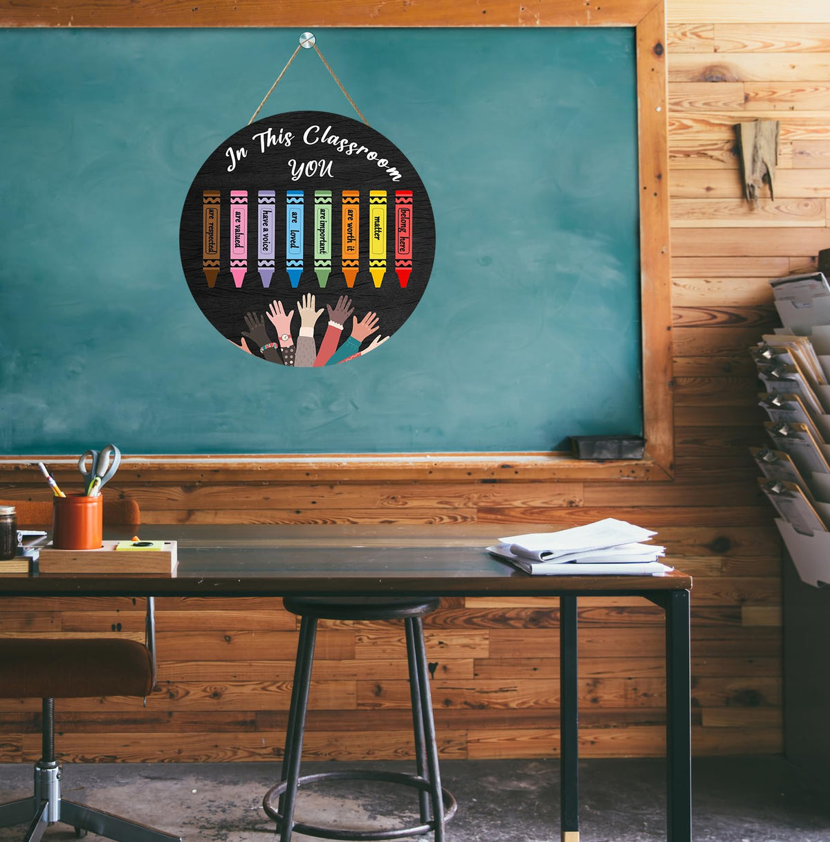 OLMIXA Classroom Rainbow Crayon Wooden Hanging Sign (12x12inch), Back to School Inspirational Quote Welcome Door Hanger Sign, Inclusive Classroom Educational Sign for Library Study Classroom Decor