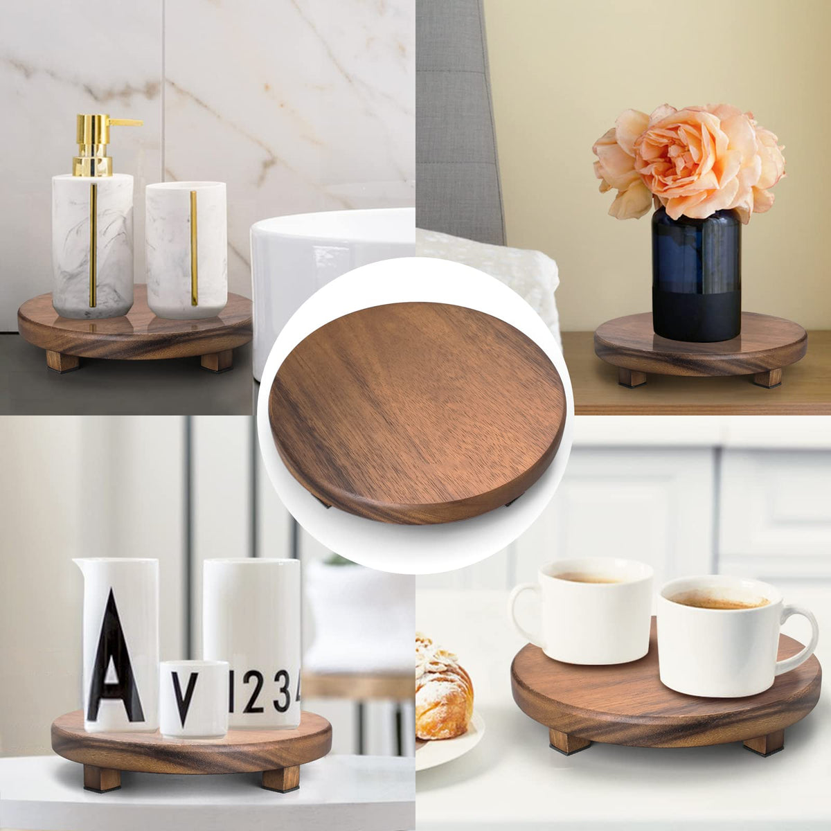 kulusion Walnut Wood Pedestal Stand, 9.06" Round Wood Riser for Kitchen Counter, Farmhouse Soap Tray Wooden Display Riser for Decor, Plant, Bottle, Cake Stand