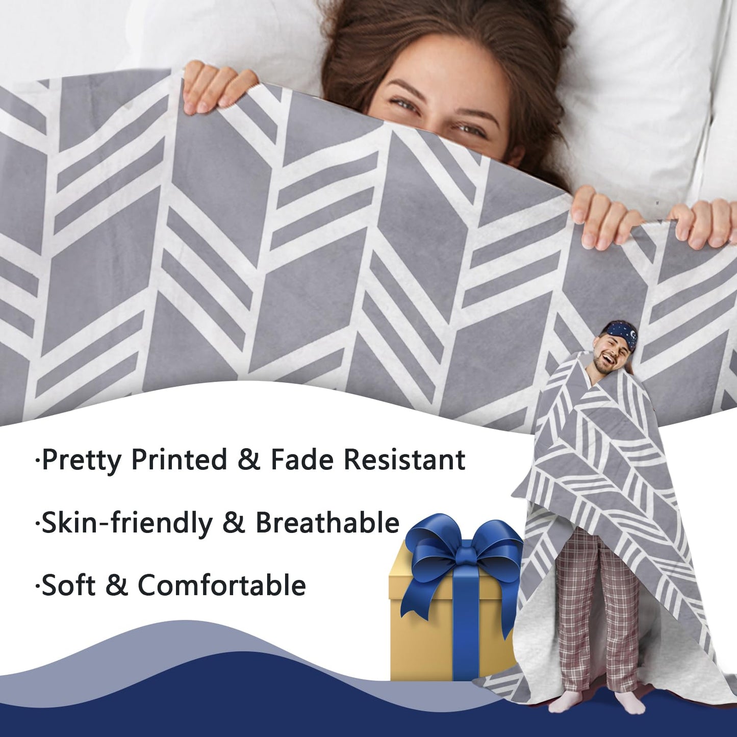 Paayna Grey White Geometric Flannel Throw Blanket, Herringbone Abstract Modern Art Gifts for Kids Men Women, Minimalist Contemporary Soft Blankets for Bedding Sofa 50" x 60"