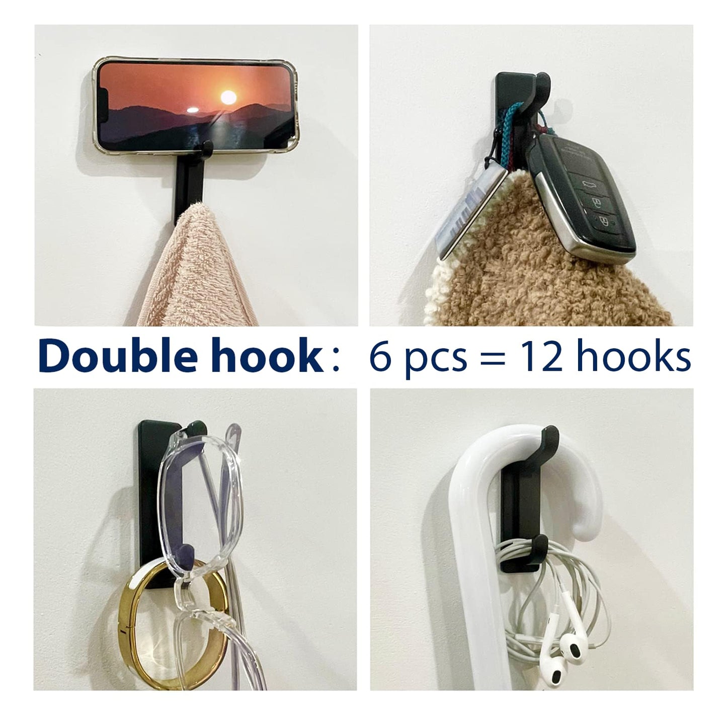 pickpiff Wall Hooks for Coat and Towel: 13LB Strong Adhesive Door Hanger Stick on, Black 6 Pack