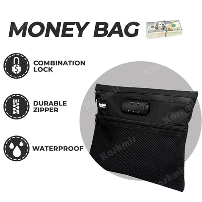 Kashmir Money Bag with Lock 12" x 10" – Waterproof Smell-Proof Cash & Document Organizer with Zipper & Combo Lock – Lockable Pouch for Travel, Business, Passports, Valuables & Notary Supplies