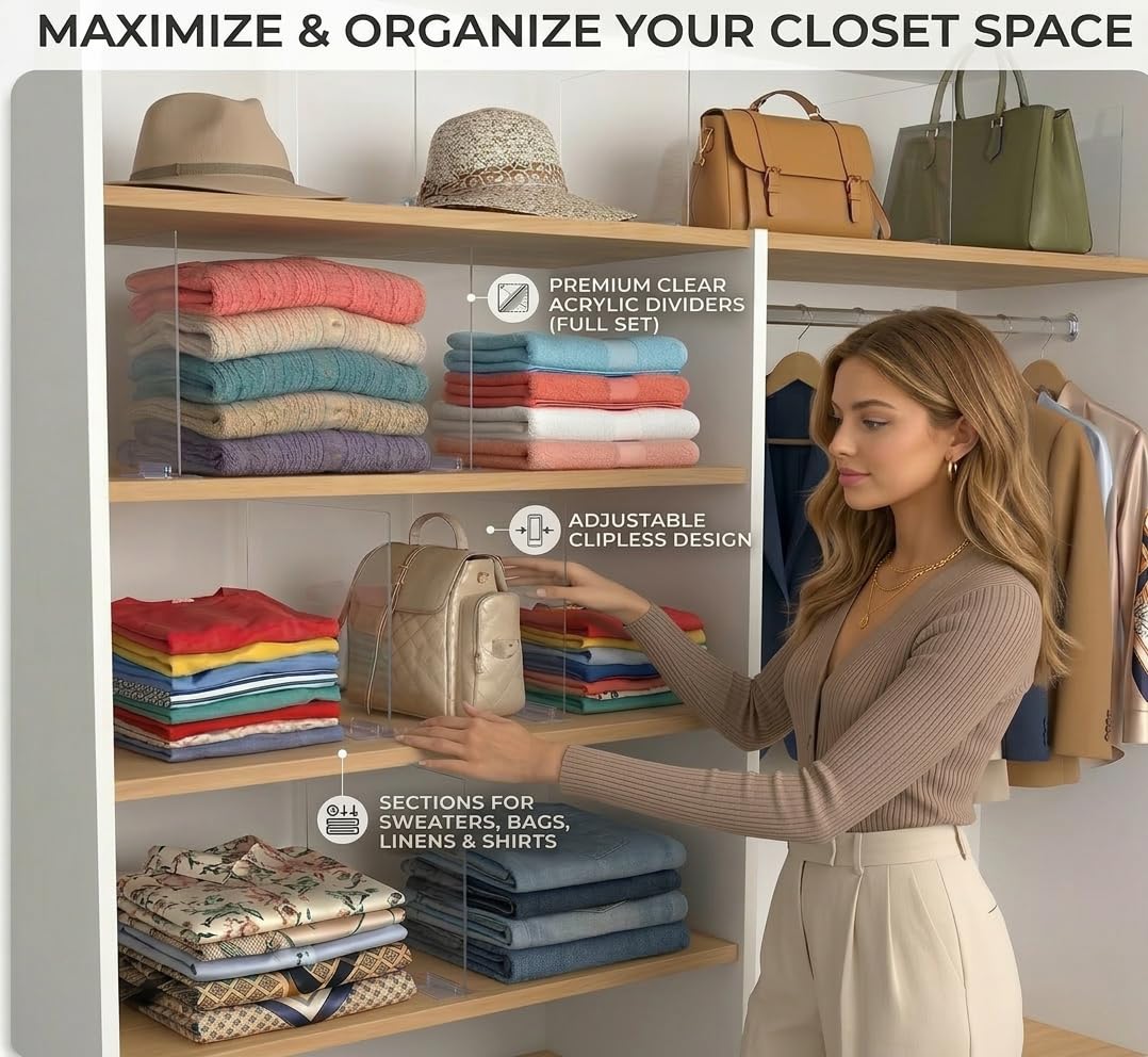 Acrylic Shelf Dividers for Closet Organization - 4 Pack Clear Removable 10/11.8" Tall X 11.8/10" Deep Sturdy Separators for Wood Cabinet - Vertical Adjustable Storage Clothes,Purse,Bag Organizer