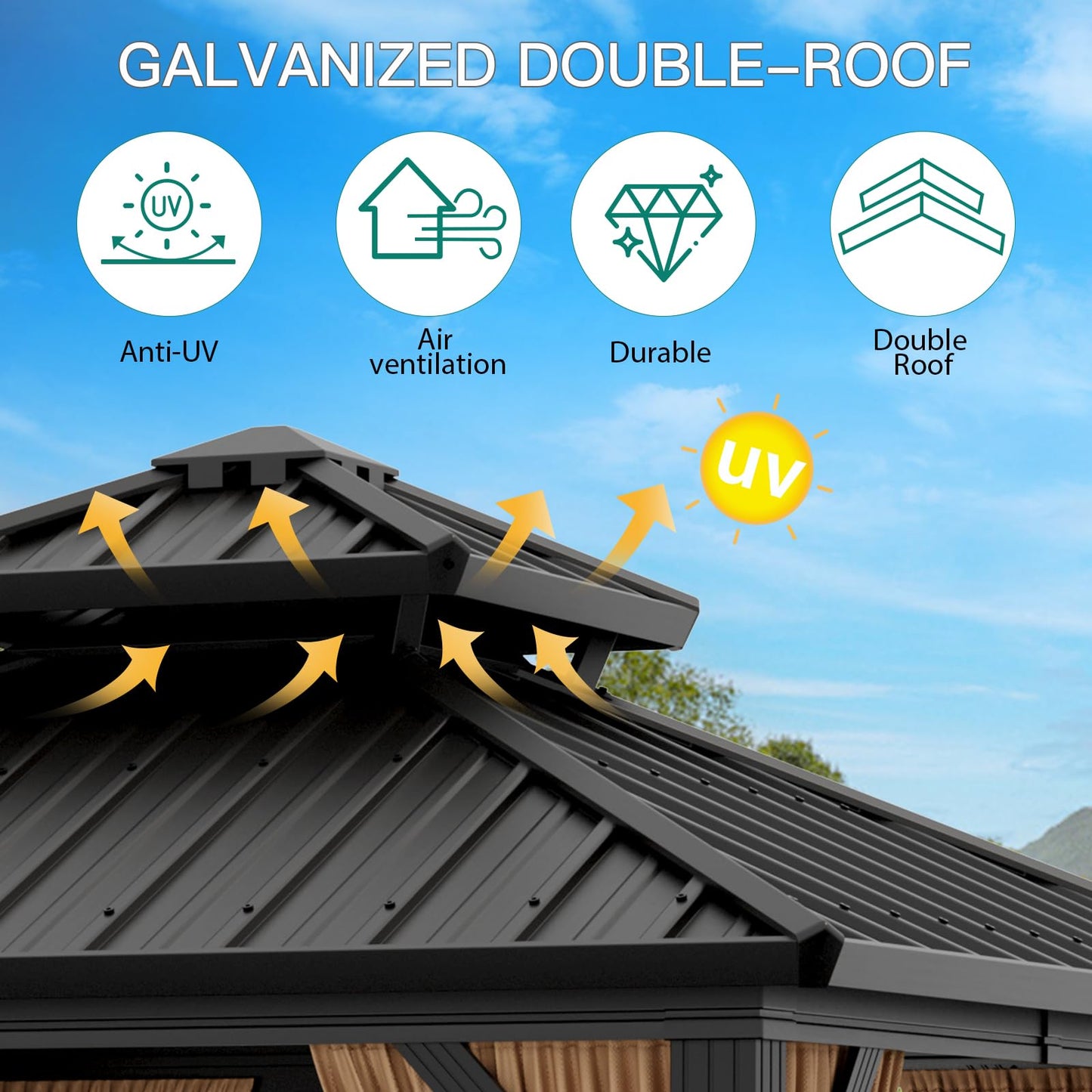 GAOMON Hardtop 10x12ft Gazebo, Double Roof Canopy with Netting and Curtains, Wood Grain Outdoor Gazebo Galvanized Iron Aluminum Frame Garden Tent for Patio, Backyard, Deck, Lawns