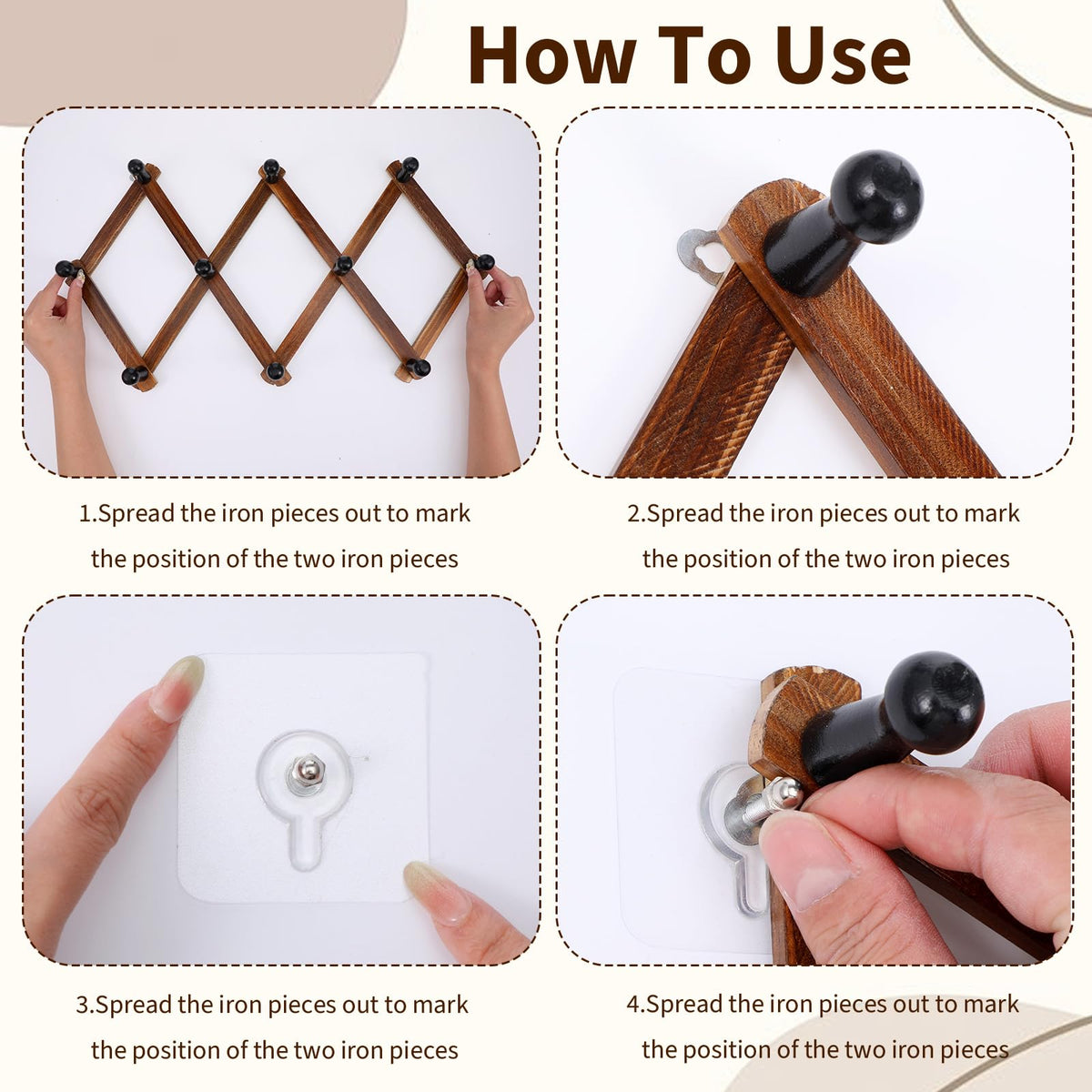 kenaeooe 4 Pcs Accordion Wall Hanger Expandable Hat Rack for Wall with 8 Peg Hooks X Shape Wooden Coat Rack for Hats, Coats, Scarves, Jackets, Purses, Keys, Mugs, Rustic Natural Wood