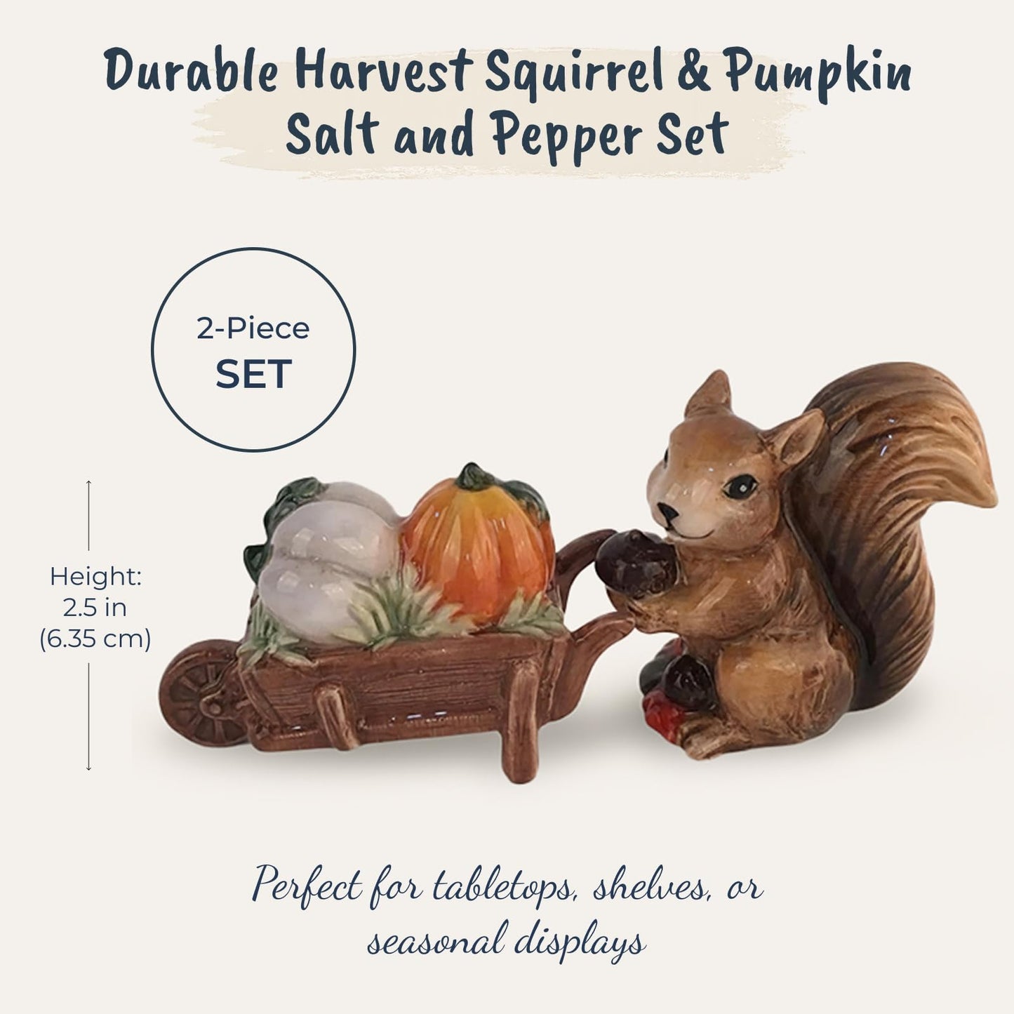 Blue Sky Clayworks Harvest Squirrel & Pumpkin Salt & Pepper Shaker Set, Ceramic, 6" L x 1.75" W x 2.5" H, Woodland Wheelbarrow Scene