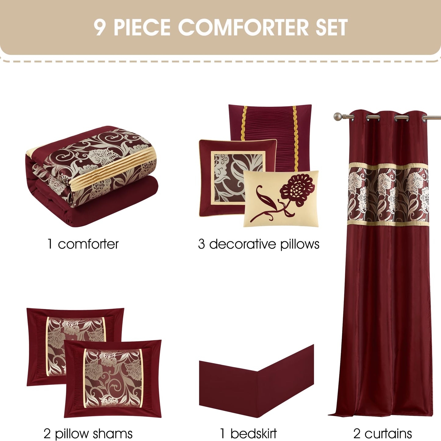Stratford Park Red and Gold Comforter Set Queen Size, 9 Piece Jacquard Floral Bedding Set, All Season, Ultra-Soft, Matching Pillows & Shams, Bed Skirt, Curtains