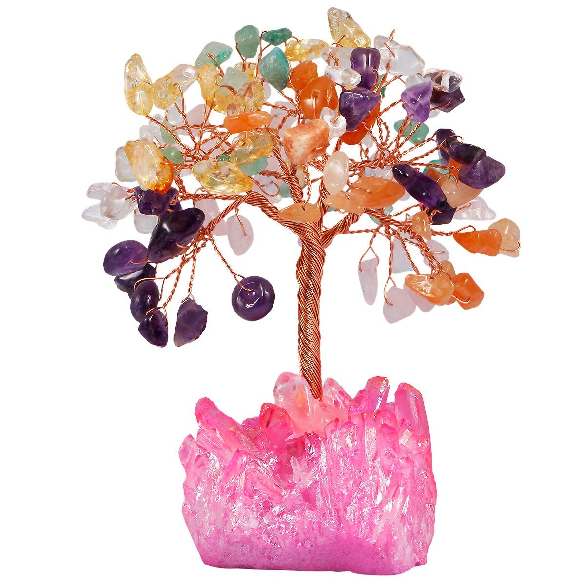SUNYIK Natural Multicolor Crystal Money Tree, Fuchsia Titanium Coated Crystal Cluster Base Bonsai Sculpture Figurine 2.3 Inches