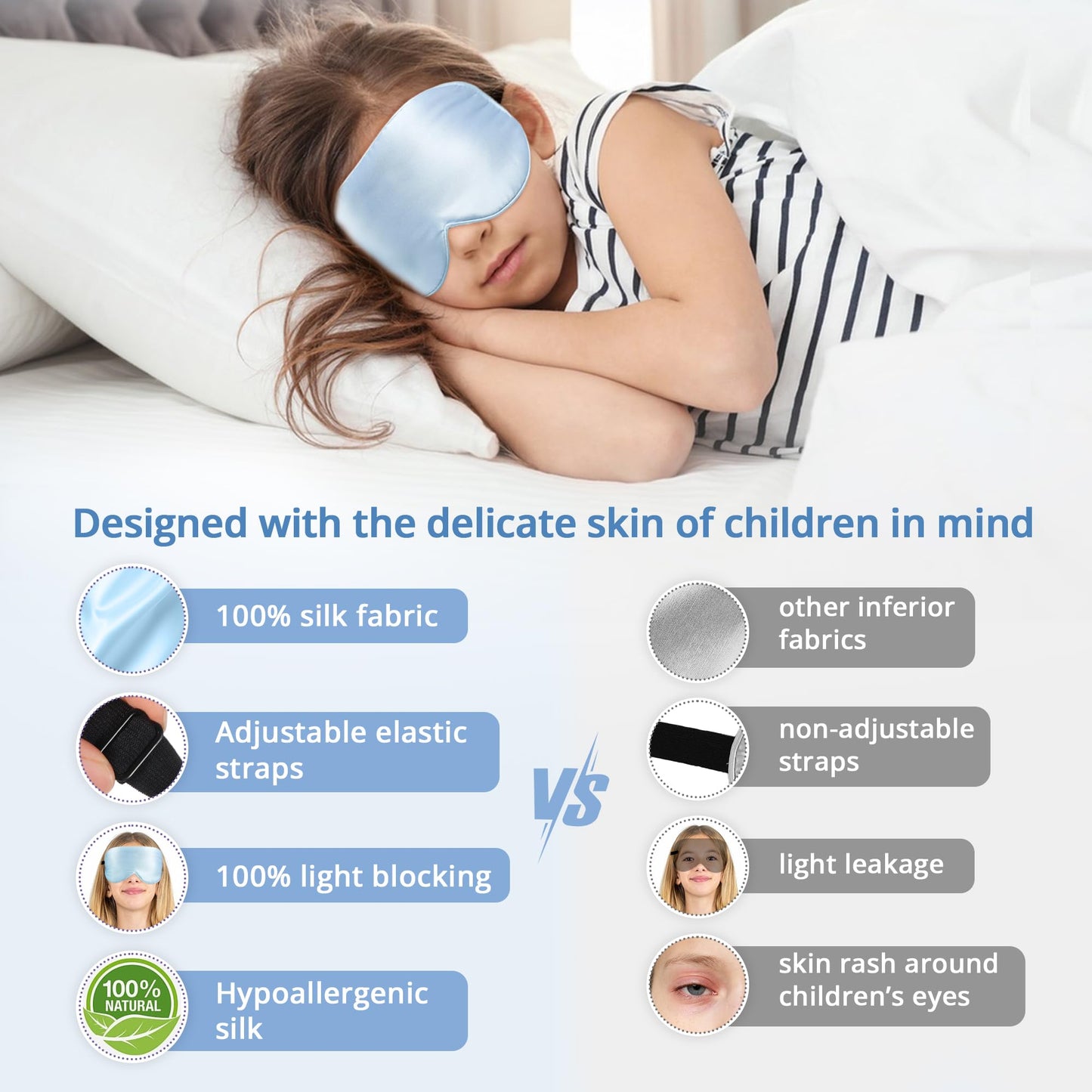 Kids Sleep Mask Eye Cover, 100% Real Natural Pure Silk Eye Mask with Adjustable Strap, Blindfold Kids Eye Mask for Sleeping, Eye Shade for Boys Girls and Adult, Pressure-Free Comfort (Black)