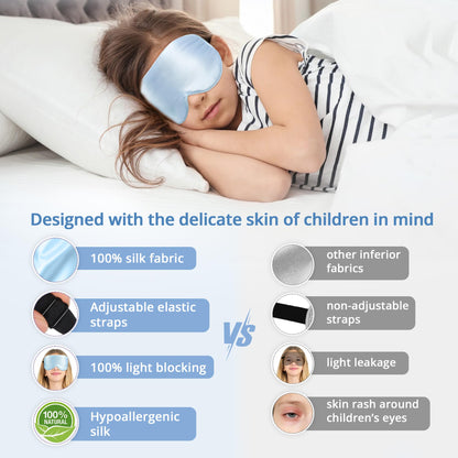 Kids Sleep Mask Eye Cover, 100% Real Natural Pure Silk Eye Mask with Adjustable Strap, Blindfold Kids Eye Mask for Sleeping, Eye Shade for Boys Girls and Adult, Pressure-Free Comfort (Black)