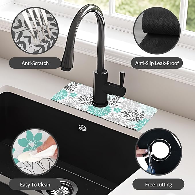 15" X 5.5" Kitchen Sink Splash Guard Faucet Mat Floral Super Absorbent Fast