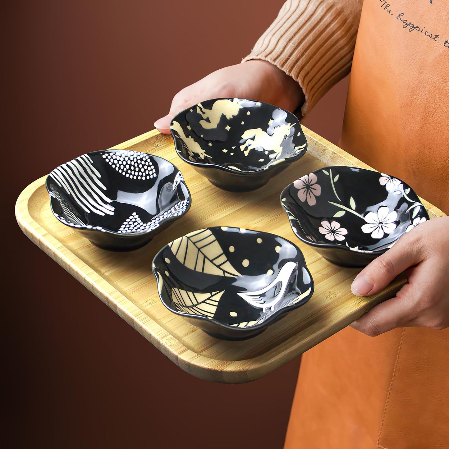 AYFDISHS 4 Inch Ceramic Dipping Bowls, Side Dishes Soy Sauce Dishes Chinese/Japanese Serving Dishes for Sushi Appetizer Plates for Kitchen Home, Set of 4