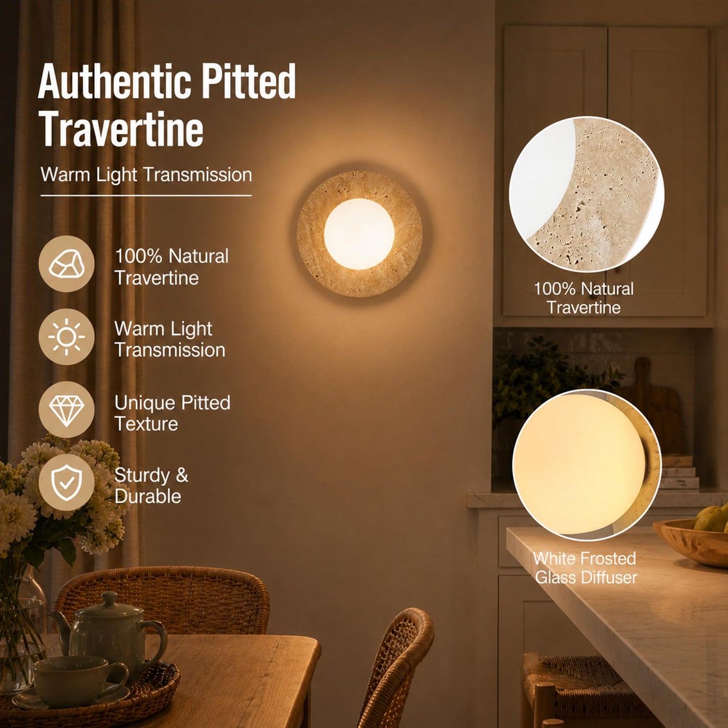 Coolilumi 7.9-Inch Travertine Wall Sconce, Hardwired Stone Wall Light with Frosted Glass Globe, G9 Accent Light for Bedside, Hallway, Entryway, Wabi Sabi Japandi